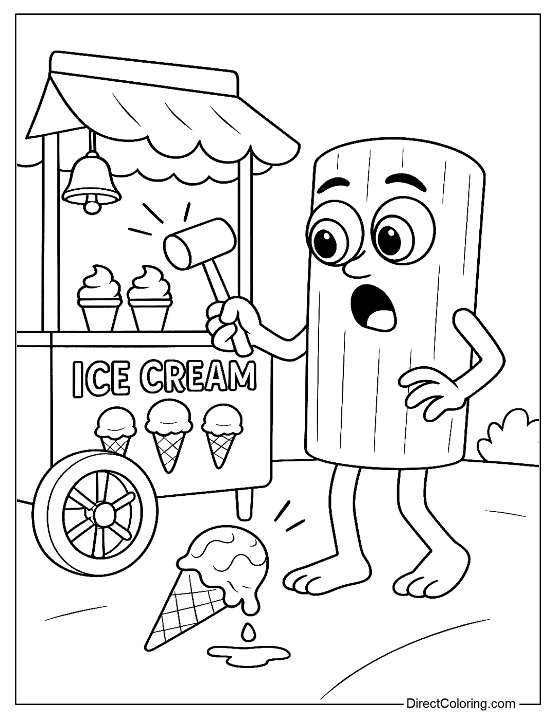 Sahur Coloring Page Rings the Bell and Drops Ice Cream from the Ice Cream Truck